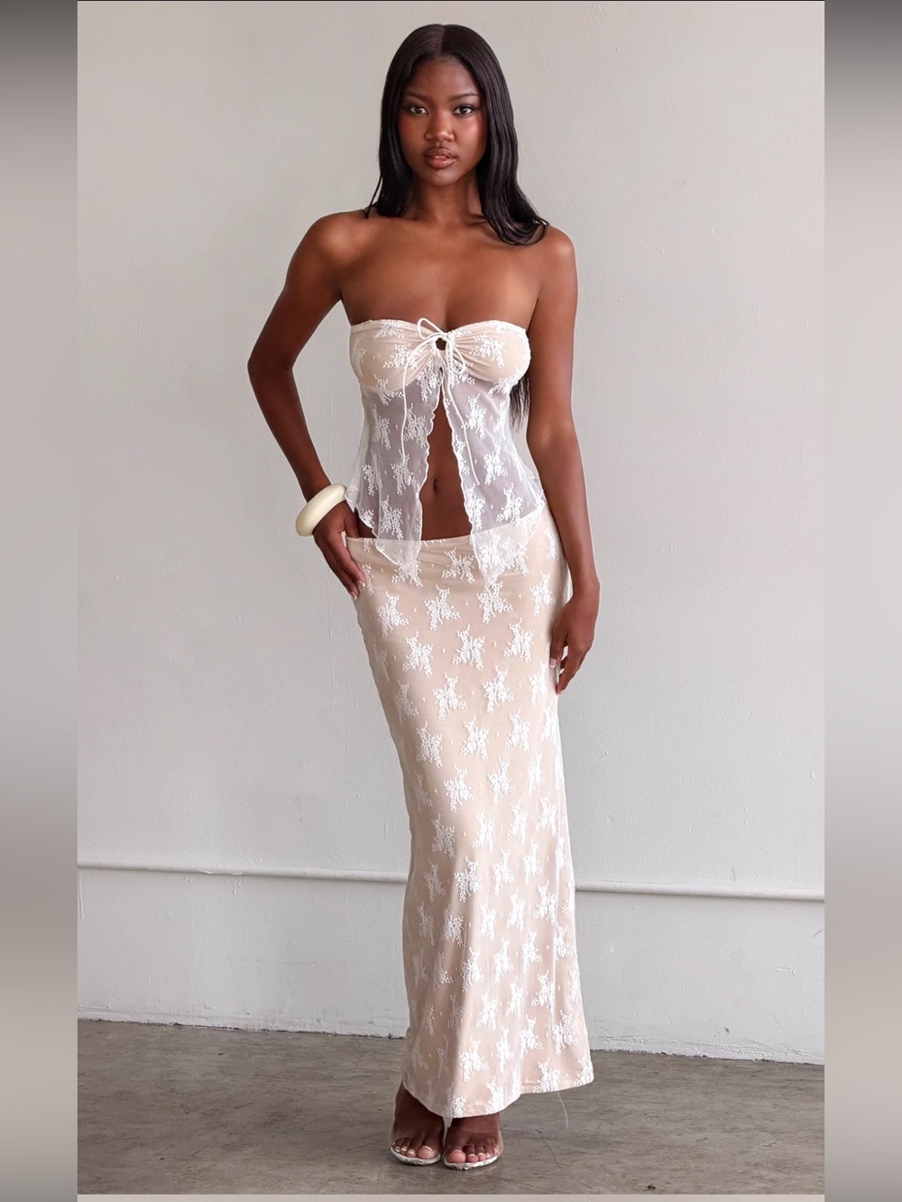 Sheer Lace Top & Maxi Skirt Set 🦢🤍🧁